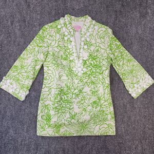 Lilly Pulitzer Top Womens 0 Green Silk Blend Newbury Tunic 3/4 Sleeve Coastal